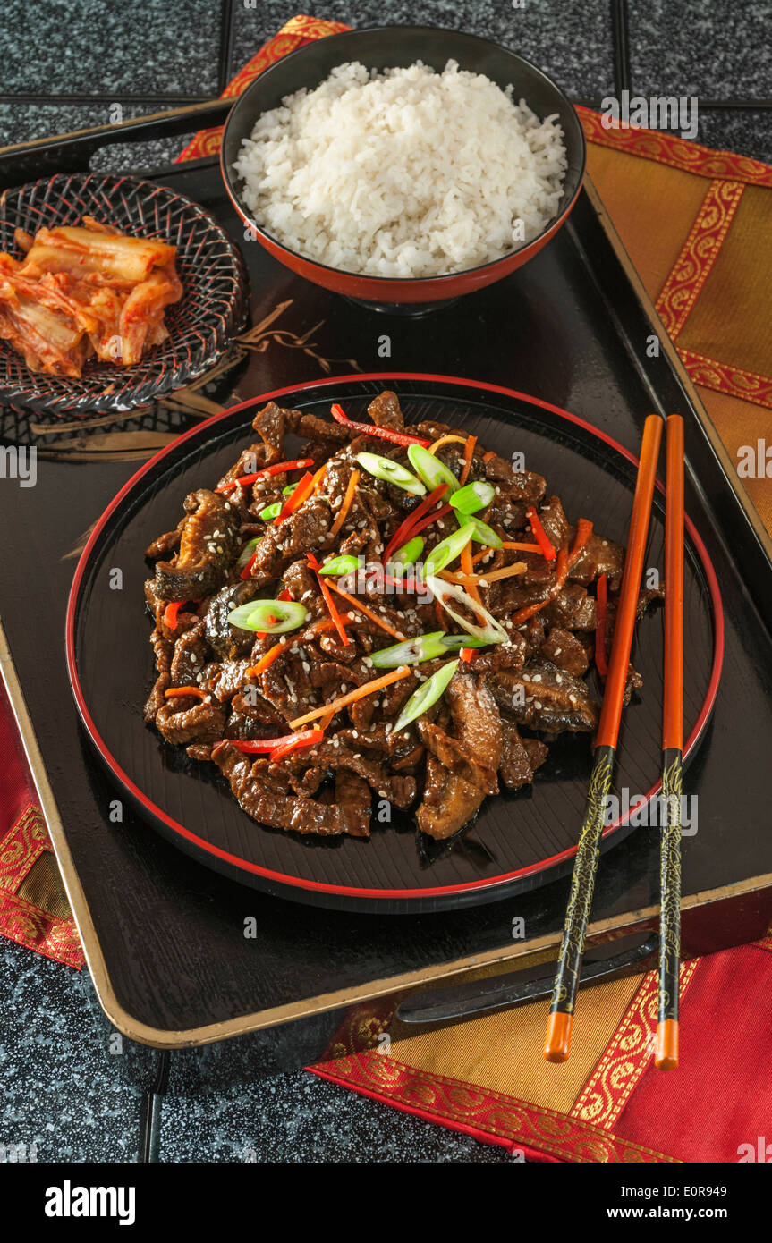 Beef Bulgogi. Grilled marinated beef with rice and kimchee. Korea Food Stock Photo