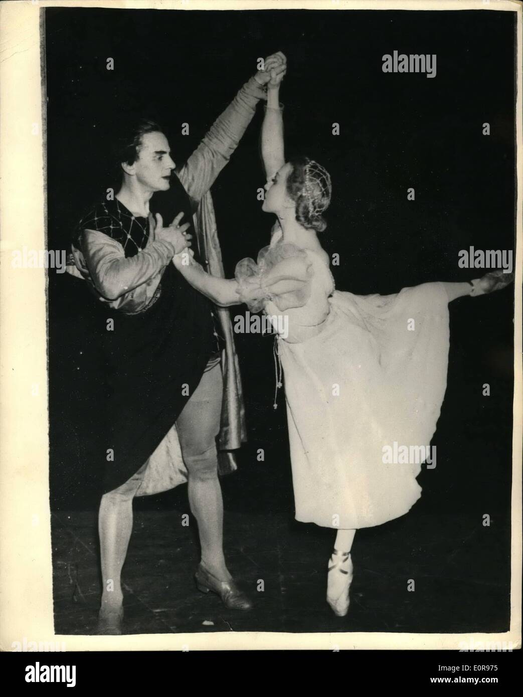 Oct. 10, 1958 - Bolshoi Ballet Prepares for Opening of London Season... Galina Ulabova- as she appears in Romeo and Juliet: Members of the Bolshoi Ballet are now busily preparing for the opening tomorrow night at the Covent Garden Opera House- of their London Season. Picture Shows: Galina Ulanova- claimed to be the world's greatest present day exponent of the ballet- and M.M. Gabowich seen during a pas de deux from the ballet ''Romeo and julliet-''- by Serge Prokofiev- during a previous performance of the ballet in Prague. Stock Photo