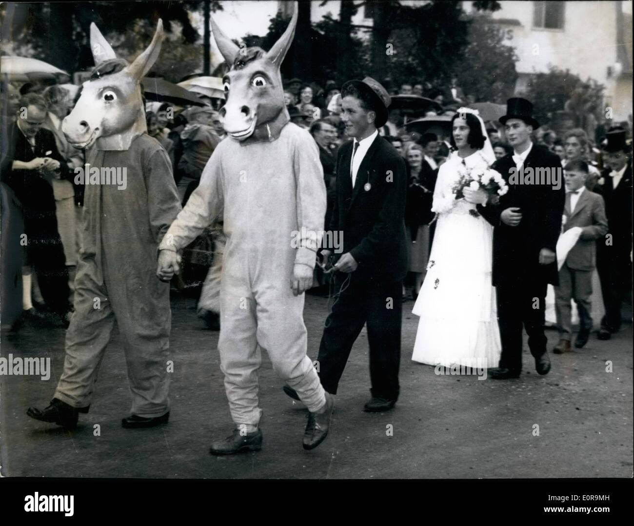 Sep. 09, 1958 - 'Donkey-weding' inspite of judicial prohibition: Also called ''donkey-weeding' as official defamation of a young couple attired many people in the little place Huetten in the Eifel-mountains. The youth in Huetten was not satisfied with the 'som' which the young husband paid for his wife, who was born in Heetten and arranged inspite of a judicial prohibition according to an old custom 'a donkey wedding' to pillo the young couple. Photo Shows Two young fellow dressed as donkeys leading the young couple through the streets of Hetten. Stock Photo
