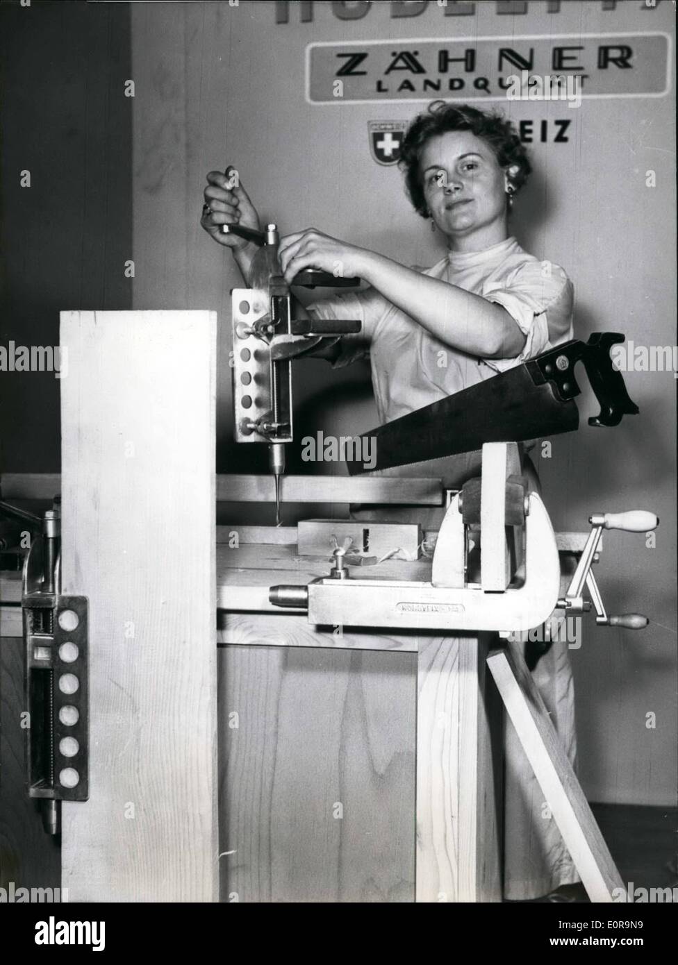 Sep. 09, 1958 - 'Quickly Plane' is called this smallest and all round joiner's bench, which is to be seen at the Frankfurt autumn fair 1958. The 3.5 kilogram heavy tool replaces the joiner's bench and the bench vice. glue press as well as sawing trestle and is also bowing tools or screw - driver. Stock Photo