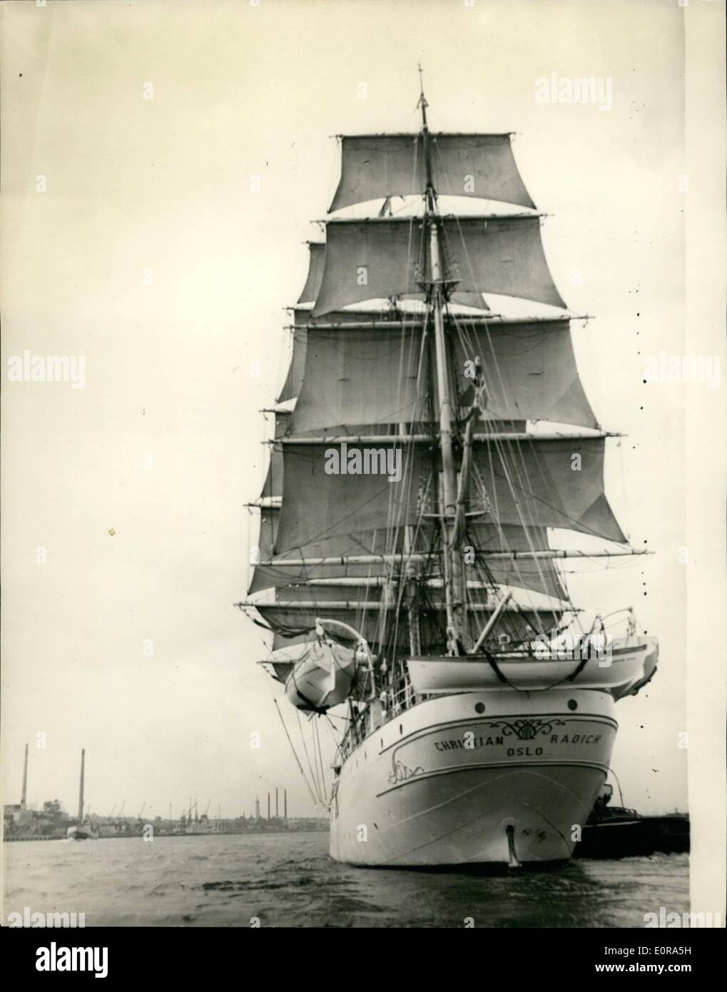Sep. 09, 1958 - The ''Christian Radich'' visits London.:The three-masted square rigged Norwegian sailing ship ''Christian Radich'', which is one of the stars of the Cinemiracle film ''Windjammer'', now being shown in London at the Odeon Cinemiracle Theatre, sailed up the Thames today from Gravesend, to berth at the West India Docks, for four days, during which time Londoners will be allowed aboard.The Ship is manned by 74 cadets with Captain Kjell in command. Photo shows view of the Christian Radich, as she left Gravesend, where she arrived last night, on her way to London today. Stock Photo