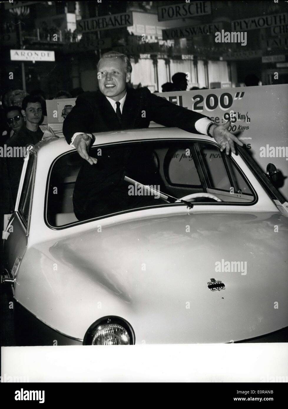 Oct. 06, 1958 - Mike Hawthorn As Technical Director Of York Noble Industries: The famous english racer, Mike Hawthorn has accepted the post of the technical director of the York noble industries Ltd. Photo shows. Mike Hawthorn seated on the Nobel 200 at the Paris motor show this afternoon. Stock Photo