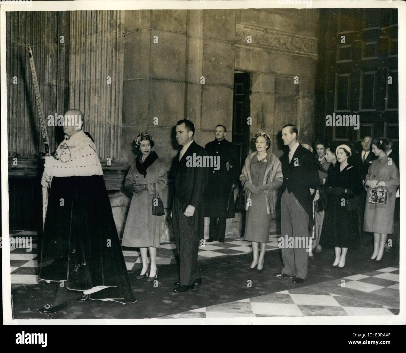 Nov. 11, 1958 - American Memorial Chapel dedicated at St. Paul's Procession into the Cathedral: The American Memorial Chapel was dedicated at St. Paul's Cathedral today in the presence of H.M. The Queen and other members of the Royal family - and Vice President Nixon of the United states. Photo shows Sir Harold Gillett the Lord Mayor of London bears the Pearl Sword as he leads the Queen with Vice Press. Nixon; Duke of Edinburgh with Mrs. Nixon followed by Princess Margaret; princess Alexandra of Kent other Royal family members and Mr. John hay Whitney the U.S. Ambassador. Stock Photo