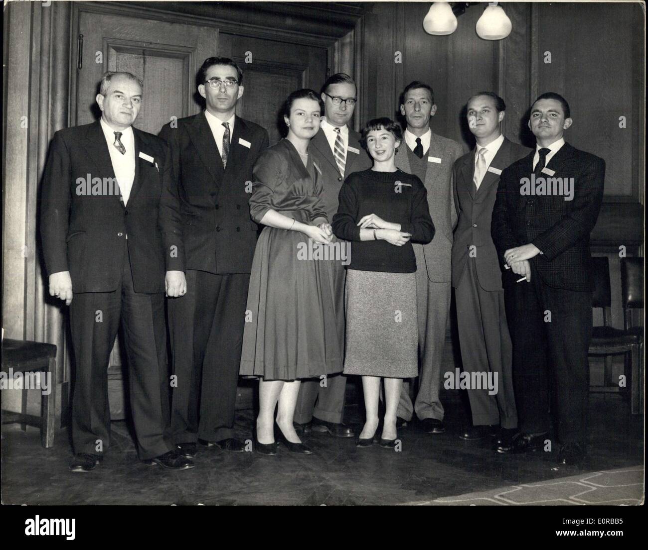 Nov. 21, 1958 - Foreign and Commonwealth teachers Visit County Hall..More than 100 Teachers from the Commonwealth Europe and the United States - who are now teaching in London Schools - this afternoon attended a reception at County Hall, Westminster, given by the Chiarman of teh Education Committee, Mr. Harold C. Sherman...Some of them are here under the ''Interchange''scheme -Keystone Photo SHows:- Some of the Teachers at the Reception this eveing L-R: Mr. F.P. Kulak (USA): MR. G.,A. Simpon (NZ); MME. C. Jacquinot (France); Heir Peter Adami (Germany); Frau.m. Schneedergee (Switzarland); Mr Stock Photo