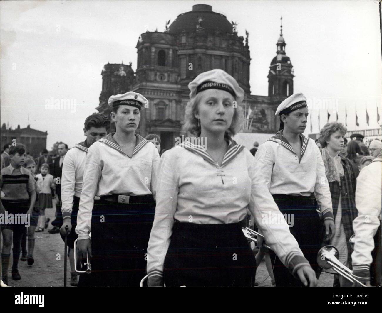 Dec. 02, 1958 - That is the east-sector of Berlin: Members of the 'Union for sport and technic' a half military organisation, parade in front of the Berlin Cathedral. Stock Photo