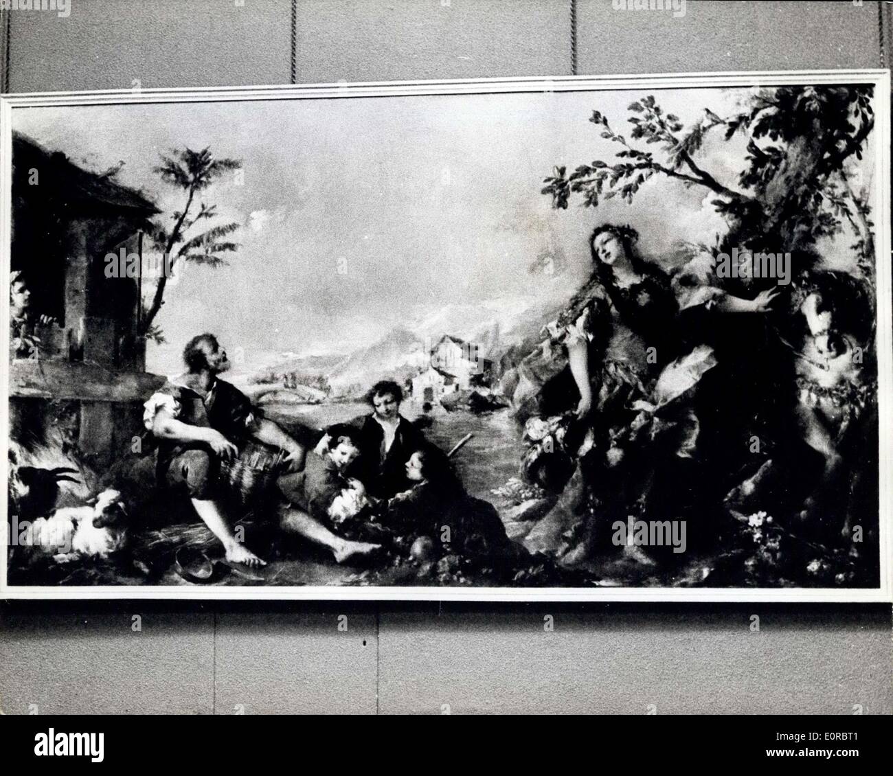Jan. 01, 1959 - Famous Paintings Found in a Shed - are on show in London. Exhibition of Italian Art at Royal Academy.: A Private View was held today at the Royal Academy of the Winter Exhibition entitled ''Italian Art in Britain''. Among the exhibits are five large paintings which were found in a shed in ireland - and which are identified as being the work of the eighteenth Century Venetian artist Francesco Guargi. The paintings illustrate a sixteenth century poem on the Crussades. They are owned by Mr. Geoffrey Merton an insurance broker of St. John's Wood, London Stock Photo