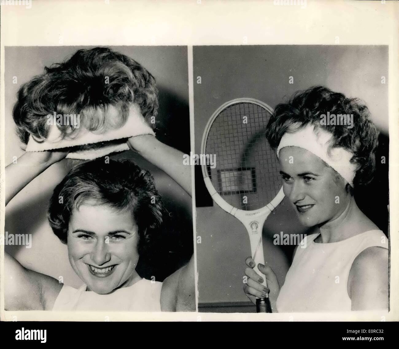 Jan. 01, 1959 - new styles by teddy Tinling on show on London. Shirley Bloomer and the ''Sportsgirl wig''. New styles for tennis-players and after -dark, created by Teddy Tinling - were shown in London today. Photo shows on left, Tennis star Shirley Bloomer shows how to don the new ''Sportgirl Wig'', created for Tinling by French of London. The wig weighs only two ounces -is produced in any colour and is attached to washable terry towelling bandeu which will absorb any perspiration and protect make-up while in play. On right Shirley is seen wearing the new ''Sportsgirl Wig' Stock Photo