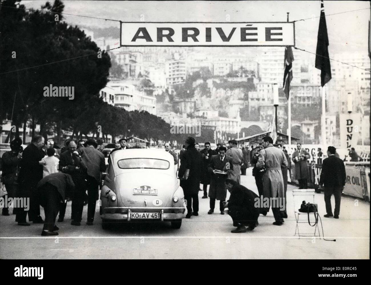 Jan. 01, 1959 - MONTE CARLO RALLY: OPS.: The first car arriving at the control point at Monte-Carlo yesterday. The car, a Volkswagen, is driven by the German team Rtuh Lautmann and Gunther Kolwes who started from Liston. Stock Photo