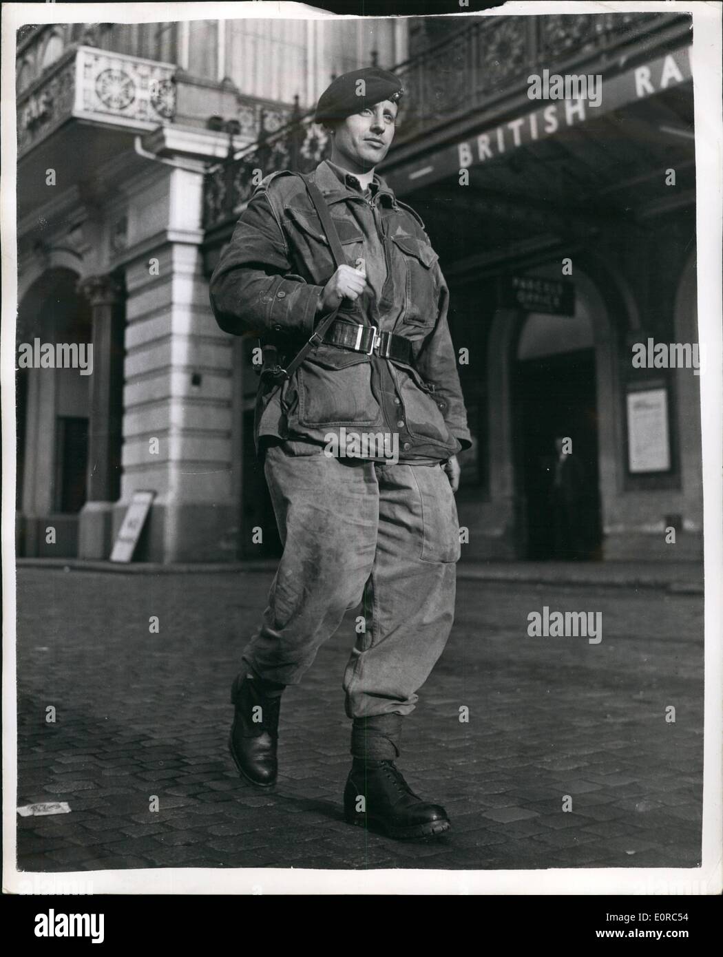Jan. 01, 1959 - Royal Marine Commando Just Fails To Set Up New Marching Record: Corporal Ronald Knight, 28-year-old Royal Marine Commando from Romford, Essex - member of the Royal Marine Forces Volunteer Reserve, City of Lono Unit - arrived at haring Cross station this afternoon - at the ned of his weekend walk. Je unluckily had to give up just South of Epping - 10 muiles short of Stratford became of a p[ulled muscle. he was trying to beat the record set up by Lieut. Wayne B. Nicholl of the U.S. Army - who wal;ked 104.8 miles in 40 and a half hours Stock Photo