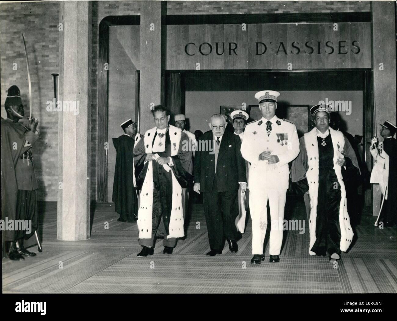 Dec. 12, 1958 - New law courts opened at Dakar: The new buildings houseing the Dakar Law Courts were opened in the Senegal Capitla recently. Photo shows High Commissioner P. Messmer; the First President of the Court Pompei, Public Prosecutor Linval and President Chaumie leaving the Court of Assizes after the opening ceremony. Stock Photo