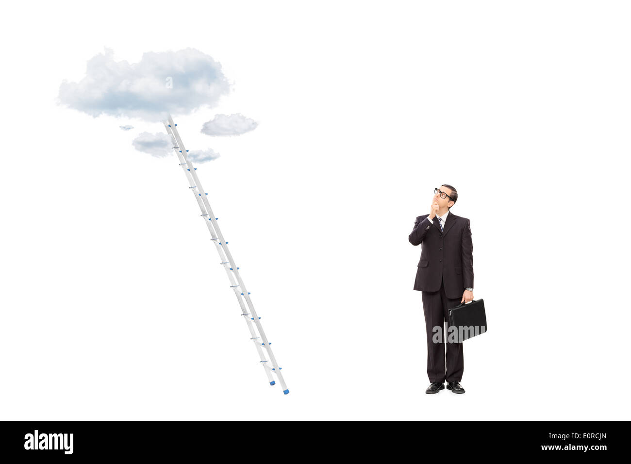 Businessman standing in front of a ladder to the clouds Stock Photo - Alamy