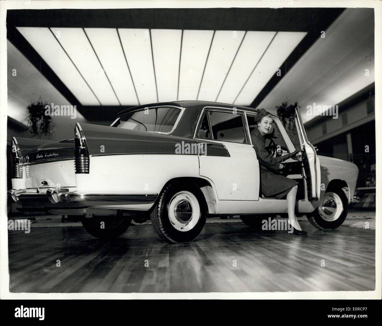 Jan. 16, 1959 - The new re-styled Italian-designed Austin A.55 ? The new Austin A55 Cambridge MK 11 is a radically new family car with the new swift line. Plain for all to see is the hand of Pinin Farina in the styling. Shape apart, every line makes practical sense for there?s more elbowroom in the body, and a lot more room in the boot. Front, back and side there?s an unobstructed view with 22 square feet of glass, a greatly improved all-round visibility. This new car does just under 80 mph effortlessly and the petrol consumption works out just over 30 miles to the gallon Stock Photo
