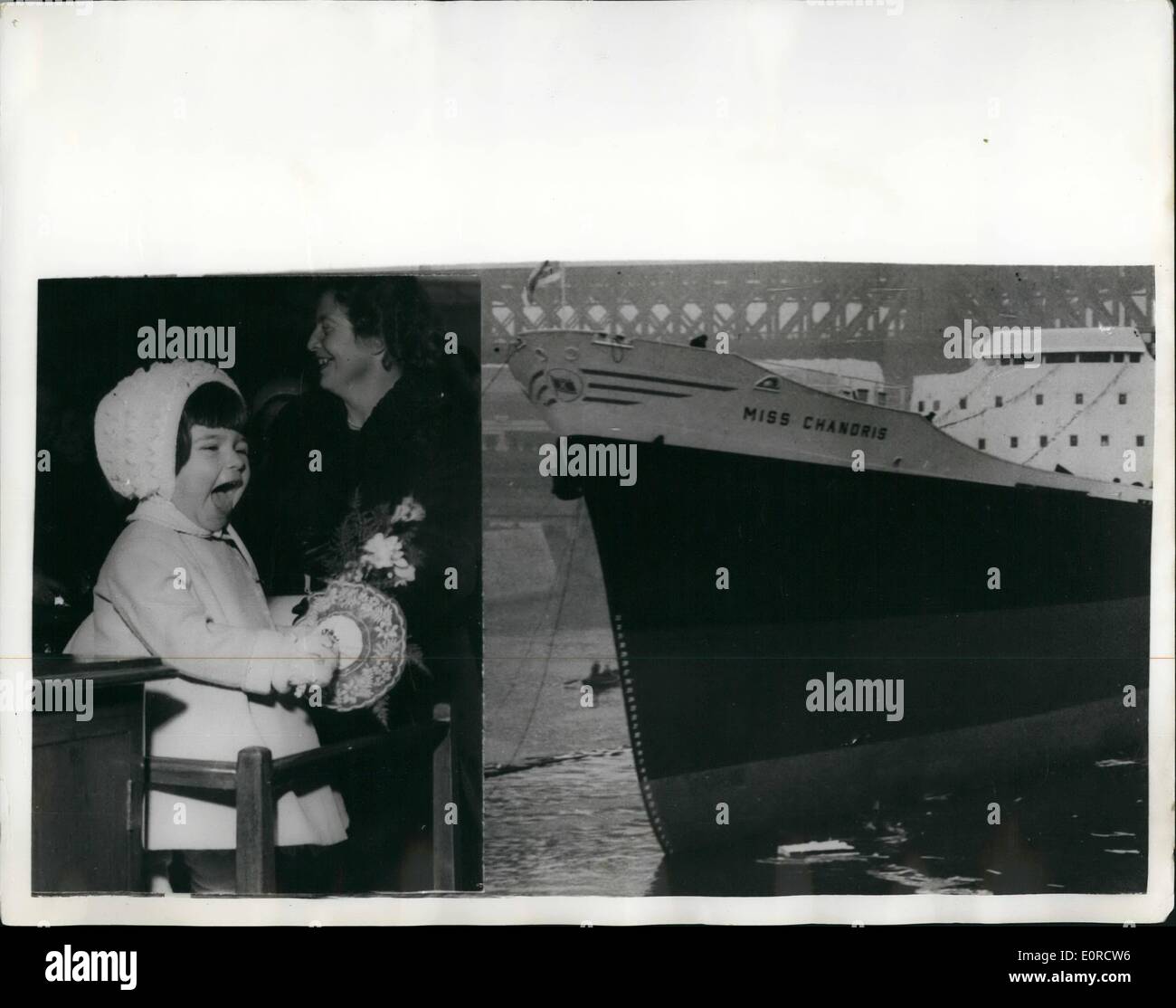 Mar. 03, 1959 - Eugenia Launches A Cargo Ship-And She Is Not yet Two Years Old: Twenty months old Eugenia Chandris yesterday performed the ceremony of launching the 11,000 ton Cargo ship ''Miss Chandris''-at Sunderland. Eugenia is the daughter of Mr. Demetrius Chandris-partne of the shipping company's London Agents-and she is the youngest person ever to launch a ship-at Sunderland. Photo shows. The vessel slides into the water-as she is launched by a happy twenty months old Eugenia Chandris-in Sunderland. Stock Photo