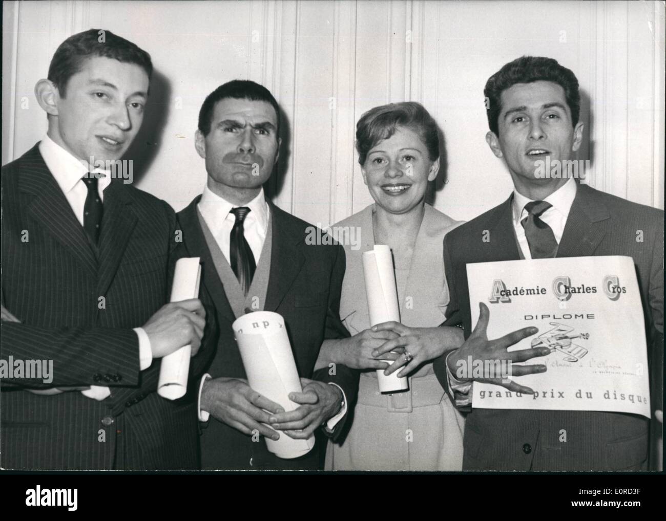 Mar. 03, 1959 - Best Recordings Rewarded: Prizes For The Best Recordings Were Awarded To Four Young Singers By The Academy Charles Cros At Palais D'Orsay, Paris, Yesterday. The Occasion Was The International Congress Of ''High Fidelity And Stereophony'' Now Being Held In Paris. Photo shows The Four Prize Winners. From Left To Right: Jacques Dufilho, Serge Gainsbourg, Denise Benoit And Maricel Amont. Stock Photo