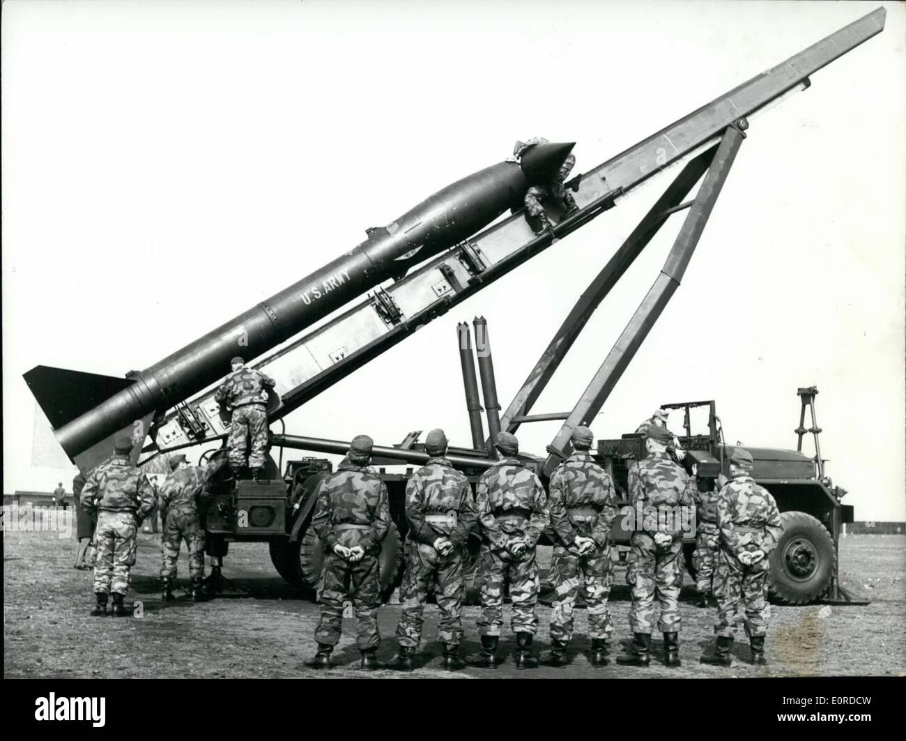 Mar. 03, 1959 - It did not thunder on the thunder mountain. When on March 19th soldiers of the artillery school on the Donersberg (Donnersberg - Thunder mountain) near Eschweiler/Germany showed an ''Honest John Rocket'' to the press. The learner group ''D'' of the German artillery school which has been educated at the 762 Milli - meter rocket which is about 8 meters long and weighs 2500 kilogram, on Thursday showed the putting together and putting up of one of these missiles. But none of the Misailes was launched because the rocket has a range of 8 to 25 kilometers. Until now Stock Photo