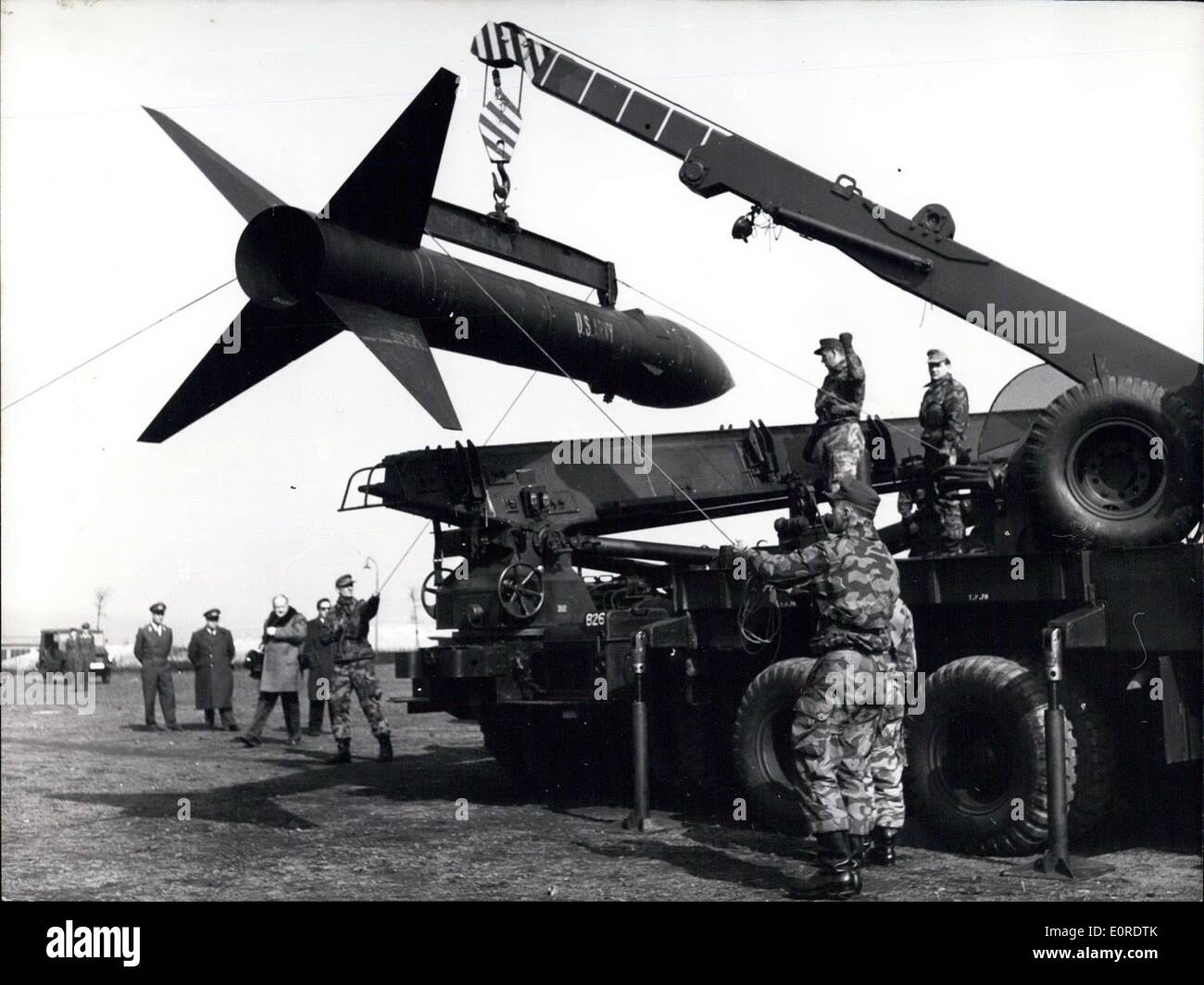 Mar. 20, 1959 - It did not thunder on the Thunder Mountain: When on March 19th soldiers of the artillery school on the Donnersberg (Donnersberg-Thunder Mountain) near Eschweiler/Germany showed an ''Honest John rocket'' to the press. The learner group ''D'' of the German Artillery School which has been educated at the 761 milli-metre rocket which is about 8 metres long and weighs 2500 kilogram, on Thursday showed the putting together and putting up one of these missiles Stock Photo