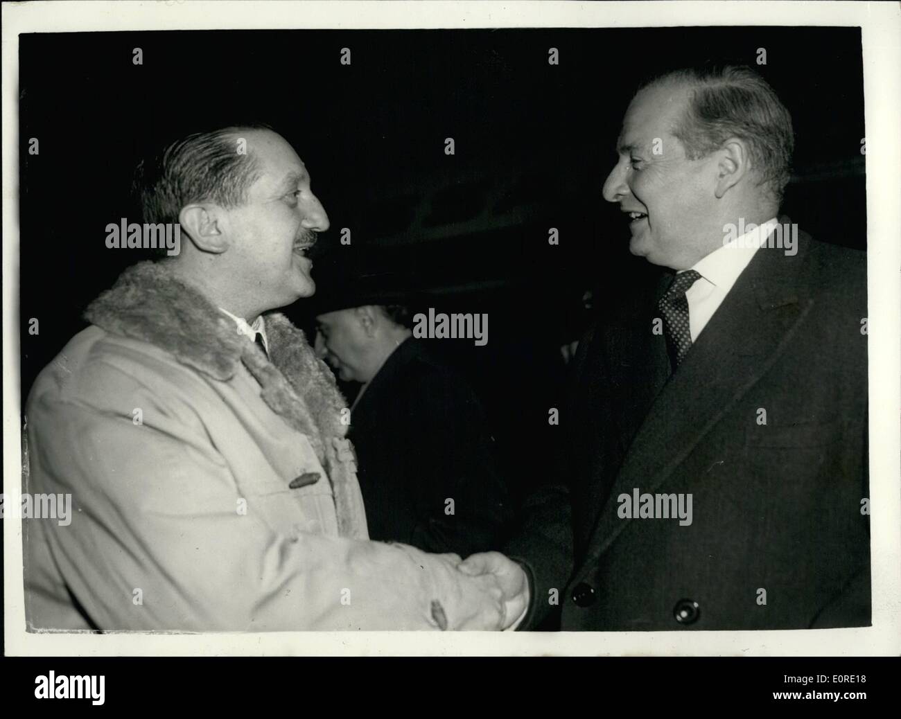 Feb. 02, 1959 - GREEK FOREIGN MINISTER ARRIVES - CYPRUS PLAN REPORTED?. The Greek Foreign Minister Mr. Averoff arrived at London Airport this evening from ZURICH - after agreeing on a new plan for Cyprus - with his Turkish counterpart MR. Zorlu. He was greeted by MR. SELWYN LLOYD KEYSTONE PHOTO SHOWS:- MR. AVEROFF shakes hands with MR. SELWYN LLOYD at London Airport this evening Stock Photo