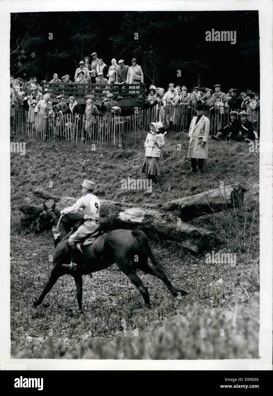 Apr. 04, 1959 - Second Day Of the Badminton Horse Trials General View: Photo shows. General view as the Royal, Party on t he hay wagon-watch the events during the Badminton Horse trials today. they are watching Captain G. Lefrant riding ''Farceur' Stock Photo