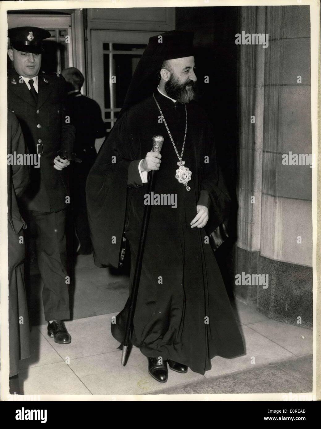 Feb. 19, 1959 - Makarios Leaving The Dorchester Hotel To Attend The Cyprus Conference: Photo Shows Archbishop Makarios seen leaving the Dorchester Hotel on his Lancaster House to attend today's Cyprus Conference. Stock Photo