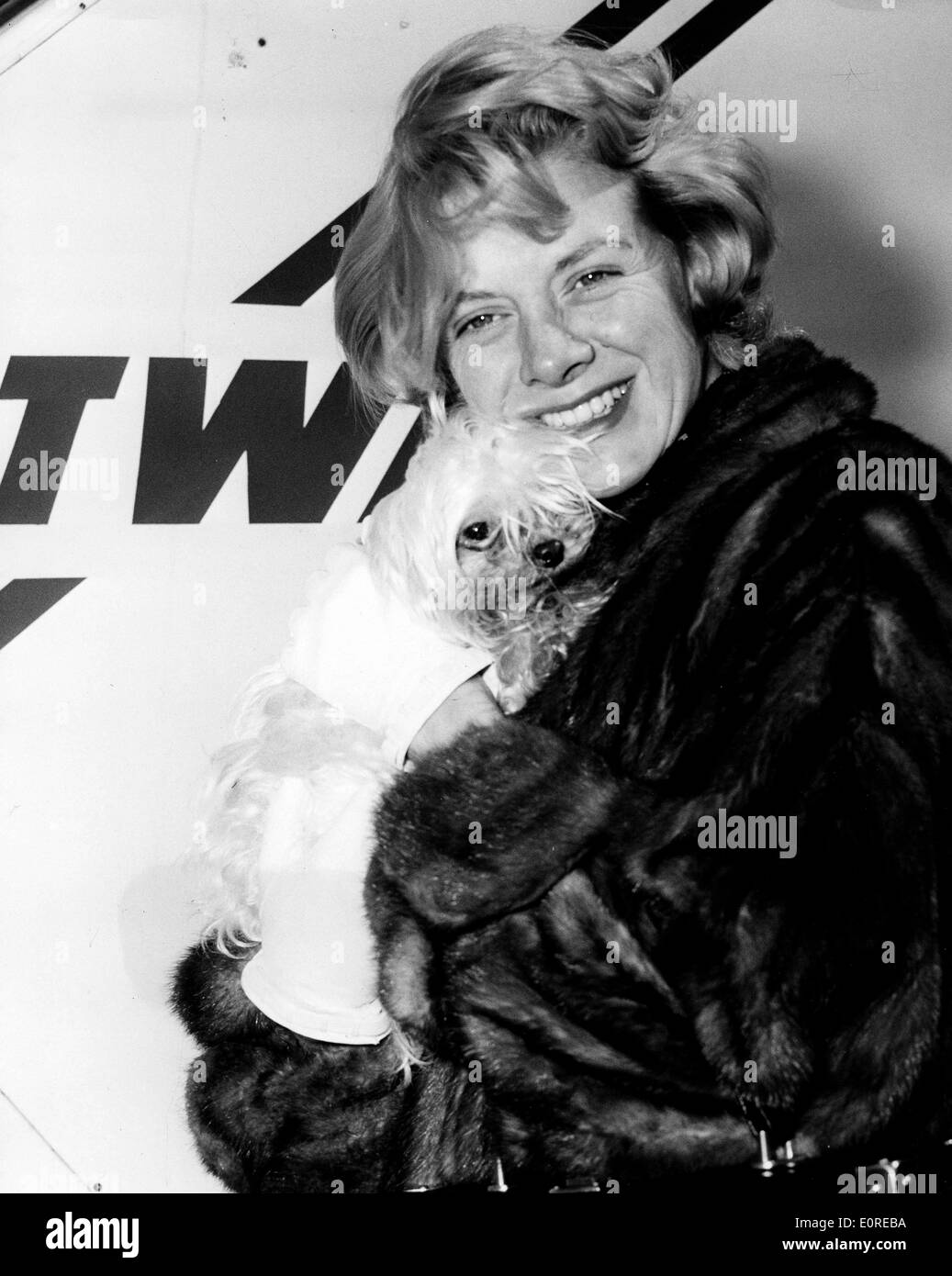 Rosemary Clooney arriving at the airport with her dog Schnookie Stock Photo
