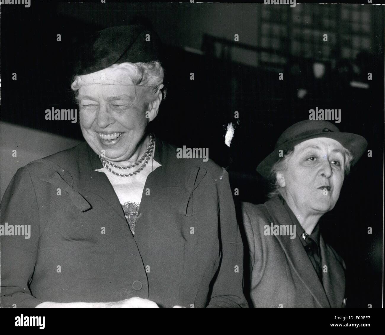 Apr. 04, 1959 - Mrs. Roosevelt Attends Anniversary Meeting Of W.V.S.: Mrs. Eleanor Roosevelt was guest speaker this afternoon at the 21st. Anniversary Meeting of the Women's Voluntary Service for Civil Defence, at Church House, Westminster. Photo shows Lady Reading look on right - as Mrs. Roosevelt is in a happy mood - at the meeting this afternoon. Stock Photo