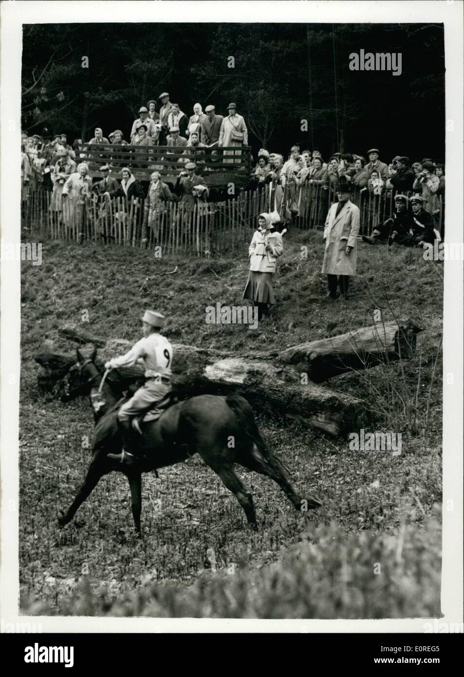 Apr. 04, 1959 - Second day of the Badminton Horse Trials.:Photo shows general views as the Royal, Party on the bay wagon - watch the events during the Badminton Horse Trials today. They are watching Captain G. Lefrant riding ''Farceur' Stock Photo