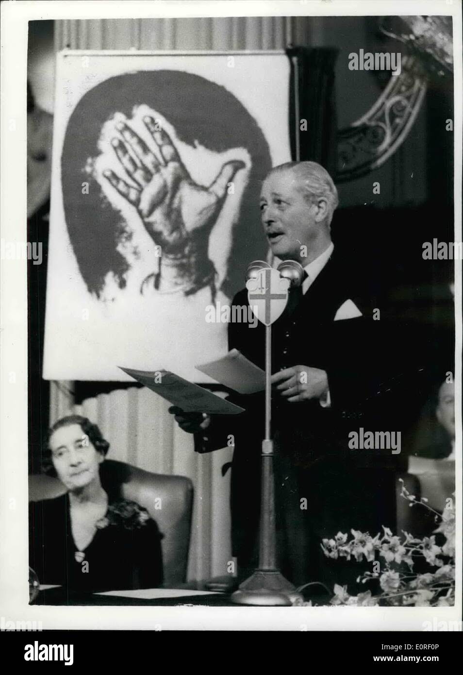 Jun. 06, 1959 - Prime Minister Pledges ,00,000 Contribution Riot Aid World Refugees; The Lord Mayor - Sir Harold Gillett last night launched the World Refugee Year - to aid the refugees throughout the world - of which about 150,000 are Europe - 30,000 of which live in camps. In this speech Prime Minister Mr. Harold Macmillan pledged Britain's constitution of 00,000. Photo Shows Mr. Harold Macmillan makes his speech - at the Mansion House last night. Stock Photo