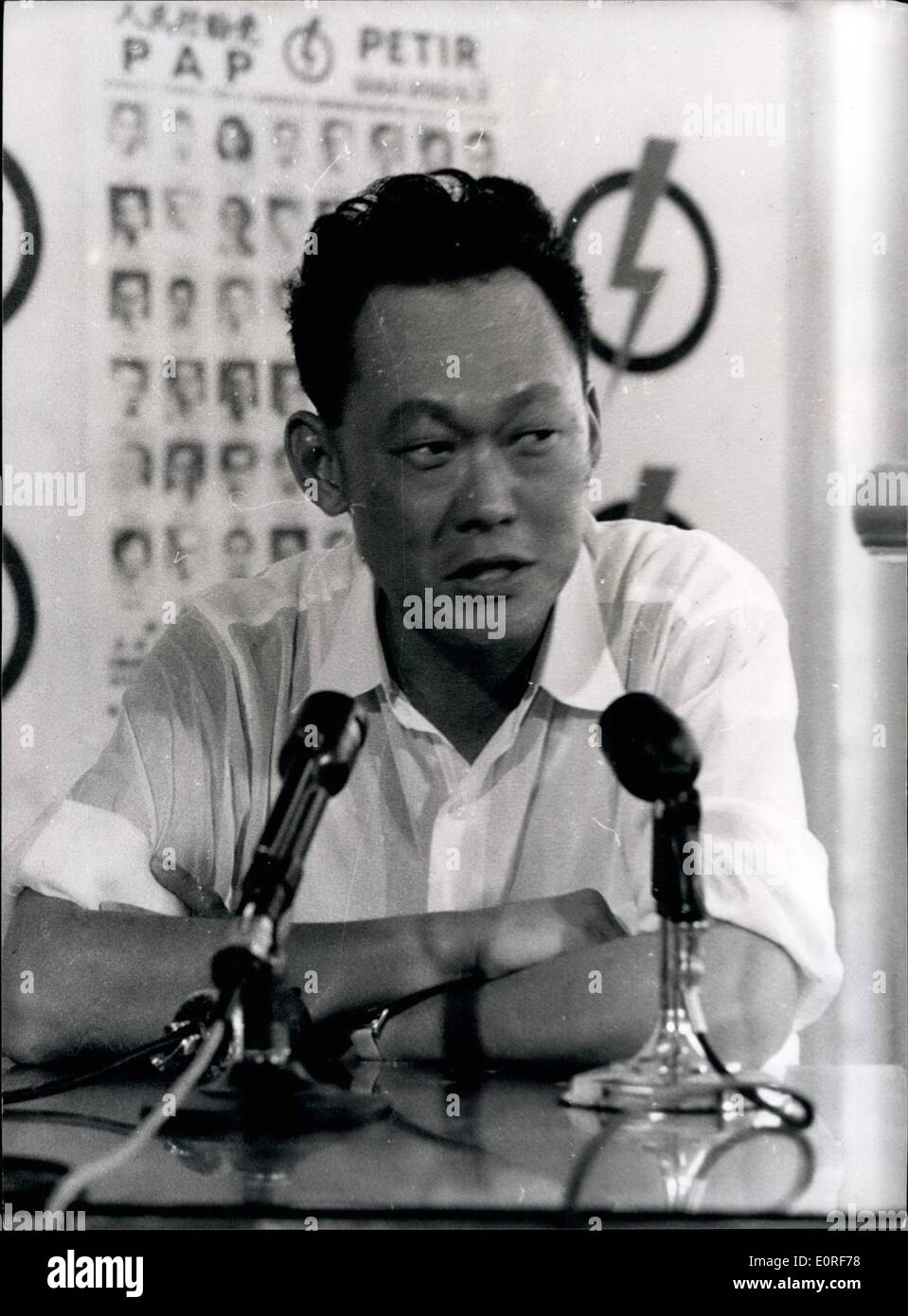 Jun. 06, 1959 - People's Action Party Gives First Press Conference in Singapore: The people's Action party, which had a sweeping victory in the recent Singapore general election, gave their first press conference at it's headquarters in Singapore on Monday. At the conference Mr. Lee Kuan Yew, the Prime Minister designate - had said that the P.A.P. would not form a government if the Governor, Sir William Good refused to release their comrades - in Changi Jail under the Public preservation security ordinance. The sight men are now due to be release today Stock Photo