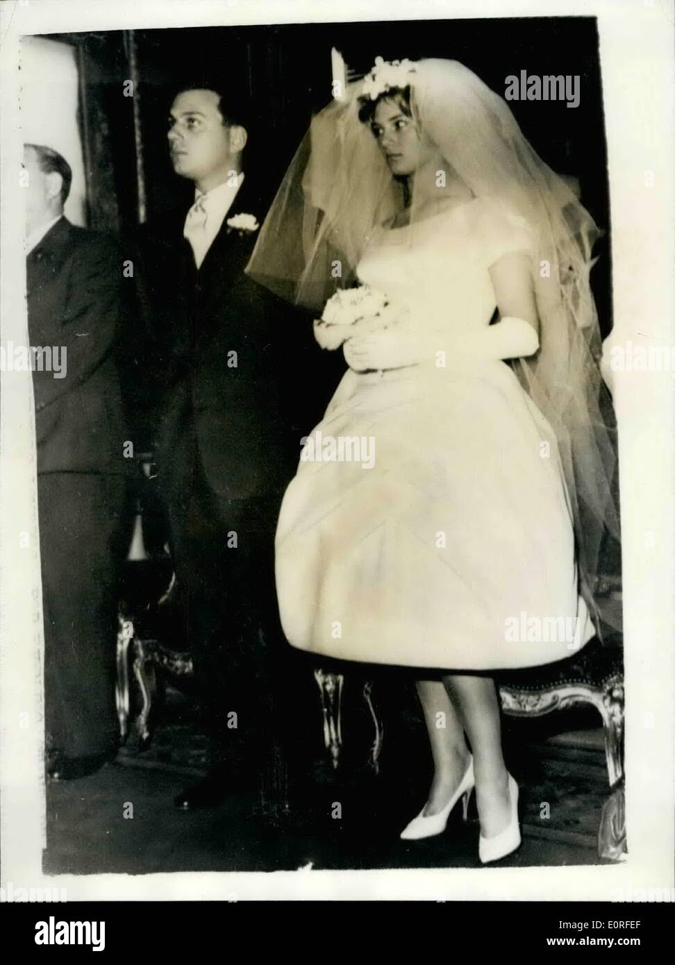 May 05, 1959 - Jonathan sieff weds in Paris: The wedding took place in Paris today of 25-year-old Jonathan Sieff, son of marks and Spencer director, Mr. Michael Sieff and a great - nephew of the company's chairman. sir Simon marks - and 20-year old Nicole moschietto, daughter of a Monte Carlo restauranteur, photo shows The bride and groom after their wedding in Paris today. Stock Photo