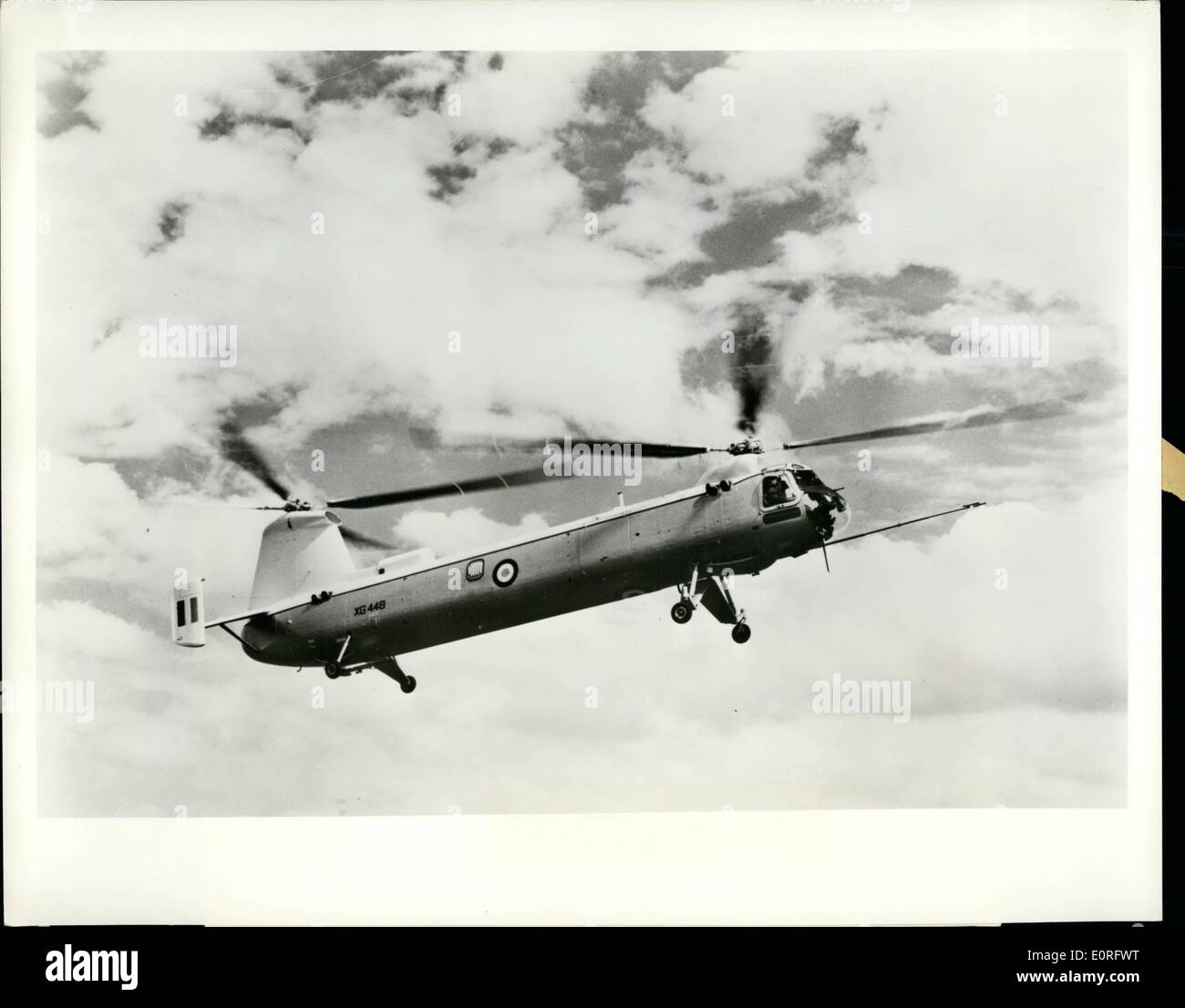May 05, 1959 - Gas Turbine Helicopter to Join Air Force : Next year the Bristol 192 twin - engined tandem-rotor gas turbine helicopter will enter service with Britain's Royal Air Force. 54 ft. 4 ins. in overall length, Europe's largest, it has been designed to meet military requirements in troop and freight transport, search and rescue operations and ambulance and supply-dropping work, On short hauls it can carry 25 men. Its freight capacity is a maximum concentrated load of 4,000 lbs. or a distributed one of 6,000 lbs Stock Photo
