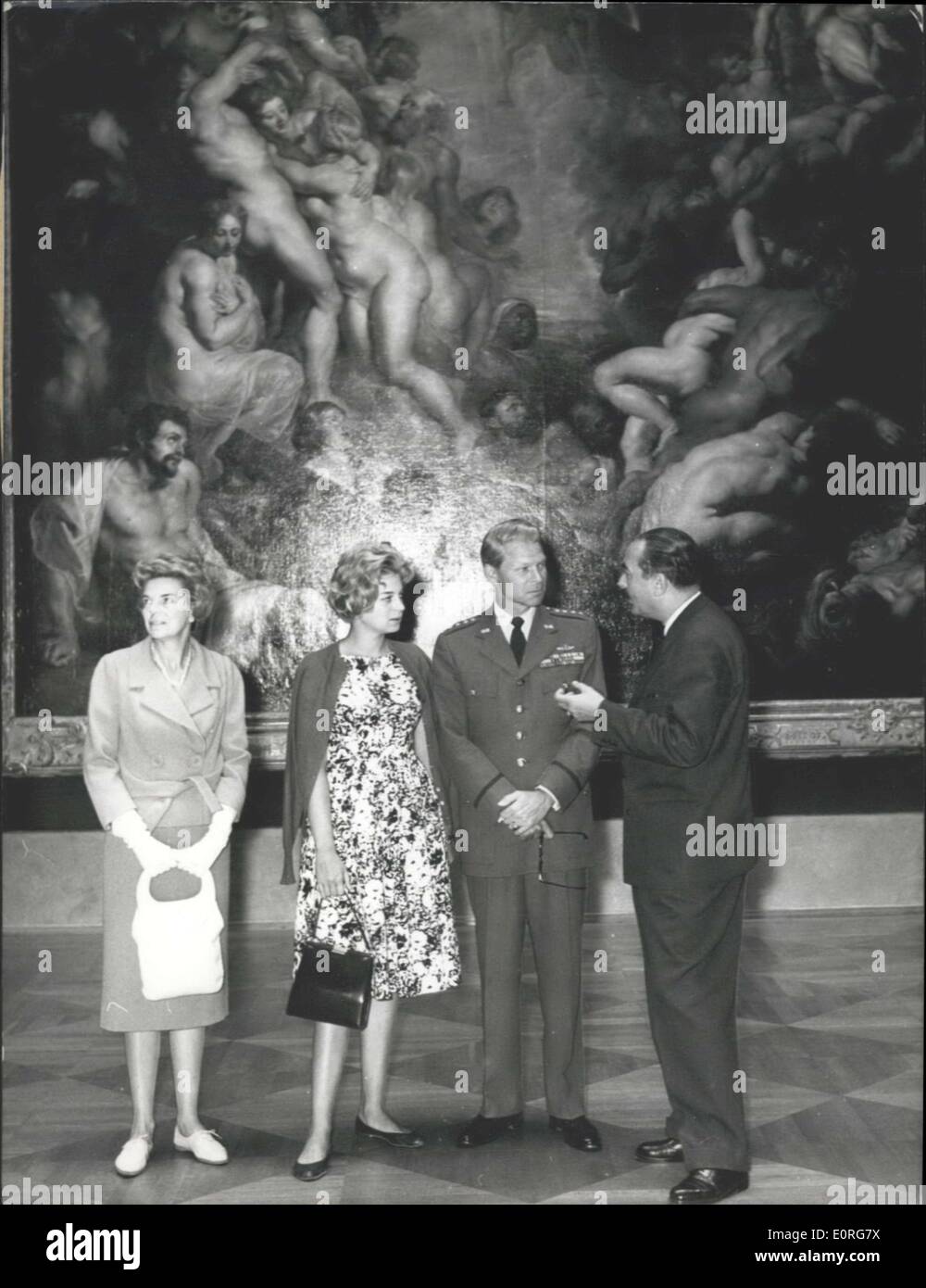 Jun. 17, 1959 - The NATO Commander in Chief in front of the ''Last Judgement'': The Commander-in-Chief of NATO-forces in Europe, General Lauri's D. Norstad , has visited the Alto Pinakothek in Munich on June 17th, 1959, during his stay in this town. His special interest was dedicated to the works orf Rube. Photo shows (left to right) In front of the ''Last Judgement'' by Peter Paul Rubens, the wife of General Norstad, his daughter, General Norstad and the Director of the Bavarian State Painting Collections, Conservator Dr. Christian Altgraf Salm. Stock Photo
