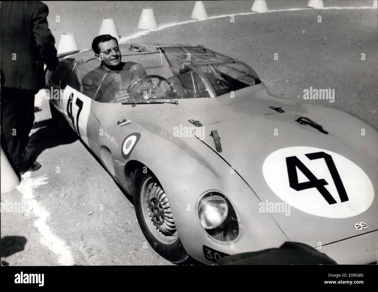Jun. 17, 1959 - Before The ''24 Heures DU Mans'' Car-Race. The Annual Car-Race of the 24 hours of Le Mans, will start in Le Mans Near Paris on next Saturday. The cars which will take part in the race were controlled in Le Mans to-day. OPS: Pierre Chancel in his D.B. 47 during the control test. Stock Photo