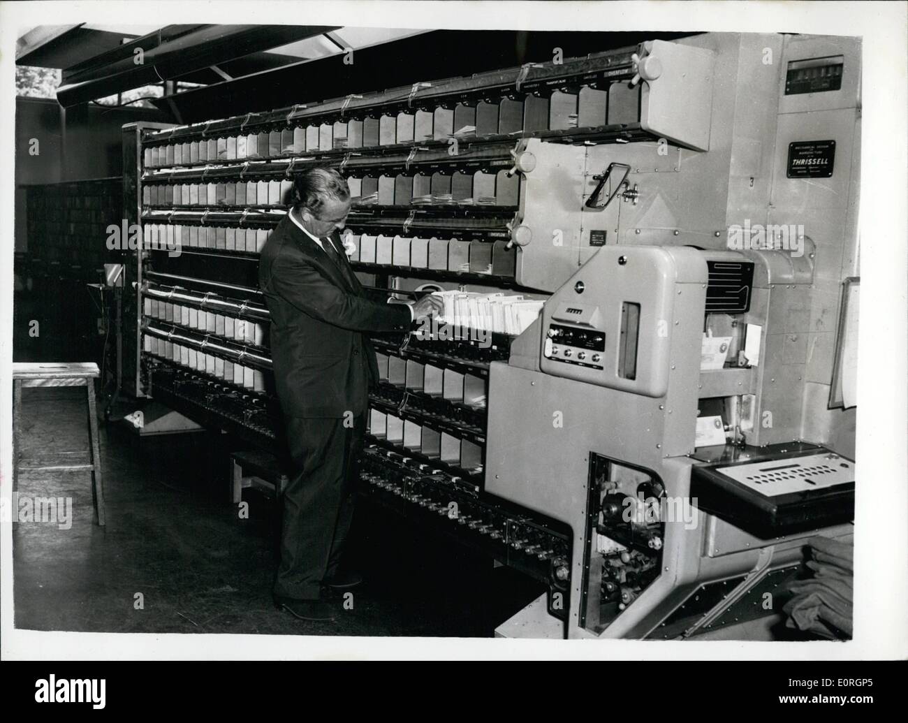 Jul. 07, 1959 - Mr. Maples Goes To Norwich - Inspects Electronic Sorting Machines: The Postmaster General, Mr. Ernest Marples, this afternoon visited Norwich to inspect the sorting office where eight electronic sorting machines (Elsie) have been installed. He also announced that everyone in and around Norwich is to be given a postal code and asked to use it as the last line of their postal address This will apply to residents, firms and business houses alike-in fact everyone whose present address includes the words ''Norwich, Norfolk'' Stock Photo