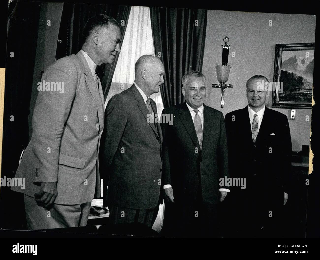 Jul. 07, 1959 - Koslow with Eisenhower: The vice-Prime Minister of the Soviet Union, Koslow, who on June 29th, 1959 opened a Soviet Exhibition in New York which is to show to the Americans something about science, art, technique and every-day life in the Soviet Union, on July 1st, 1959 had a talk with President Eisenhower in the White House in Washington about the Berlin problem which in America raised some pessimism in view of the re-opening of the Conference in Geneva Stock Photo