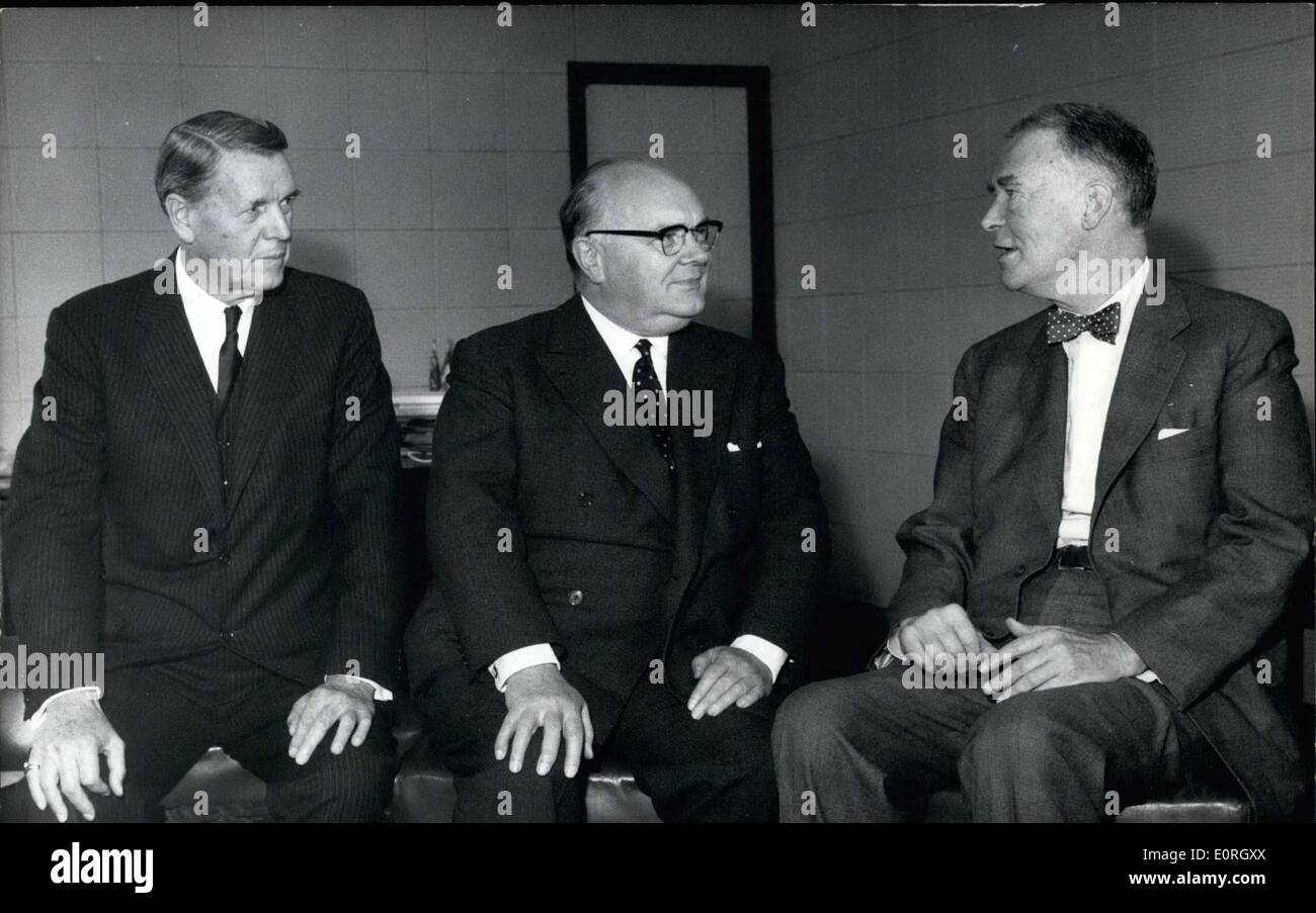 Sep. 04, 1959 - Christin Herter Visits NATO: Photo shows US State secretary Christian Herter (right0 photographed with Paul-Henri Spaak, NATO's secretary (centre) and Randolph Burgess, US permanent delegates at NATO this morning. Stock Photo