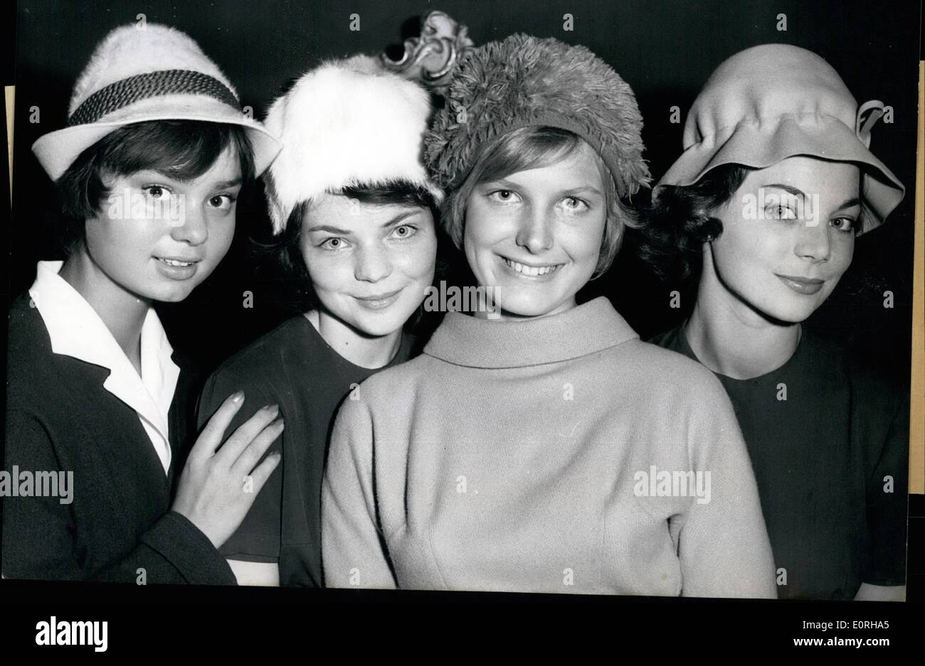 Sep. 09, 1959 - Which hat is worn by the smart teenager?: Teenagers are critical; this was found out by the hat industry when holding a hat test at the ''Fair for teenagers' during the exhibition ''Home and Technical Science'' in Munich. Hundreds of young ladies used their ''right of vote'' and tested the hats that were shown Stock Photo
