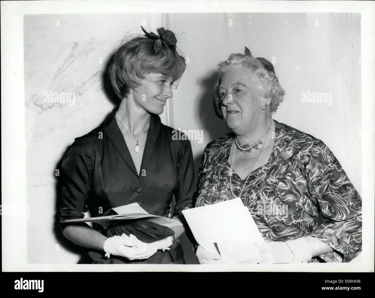 Sep. 09, 1959 - Women of the Year Luncheon, in aid of the Greater London Fund for the Blind (incorporating United Appeal for the Blind)., was held today at the Savoy Hotel. Photo shows Miss Margaret Rutherford and Miss Virginia Mokenna - two films stars, chat together at the Luncheon. Stock Photo