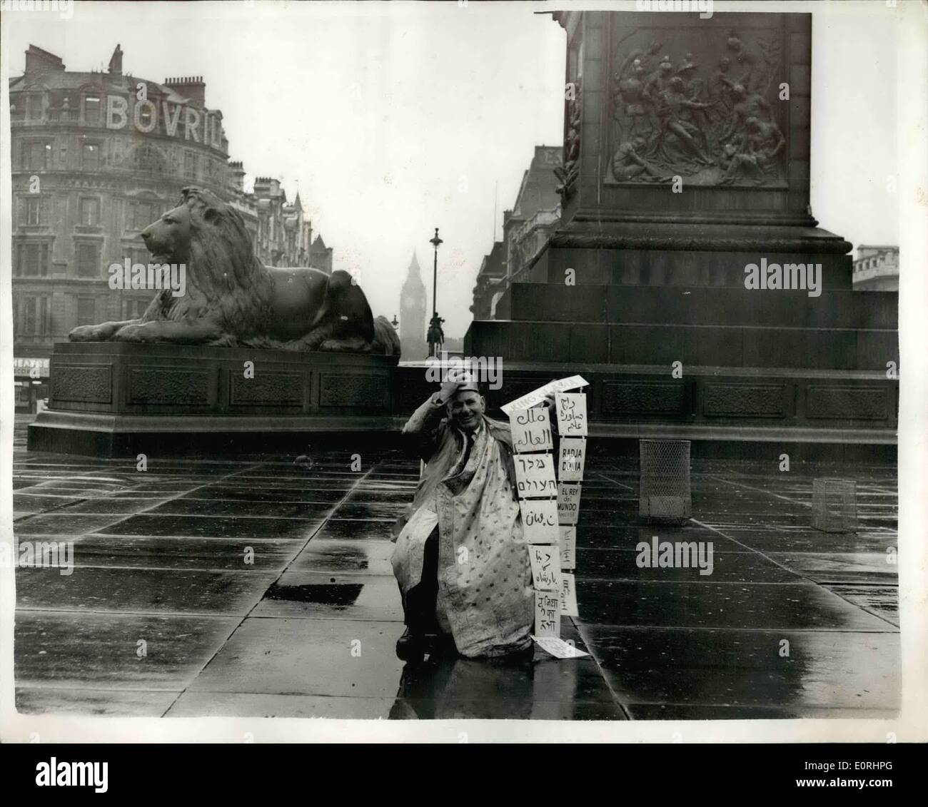 Nov. 11, 1959 - Self Styled ''King'' crown himself ''King of Asia'' in Trafalgar square; Bishop Homer A. Tomlinson, of New York, who claims he is ''King of the World'' added all Asia to his ''realm'' during ''crowning'' ceremony in Trafalgar Square, London, today when he set up his portable throne attired in a pink robe fashioned from a sari and placed a crown of yellow gold on his head, ''King'' Homer is the head of an American sect, the church of God, founded by the father in a mountain log cabin back in the 30's. He says his mission is to bring exploits of people to all nations Stock Photo