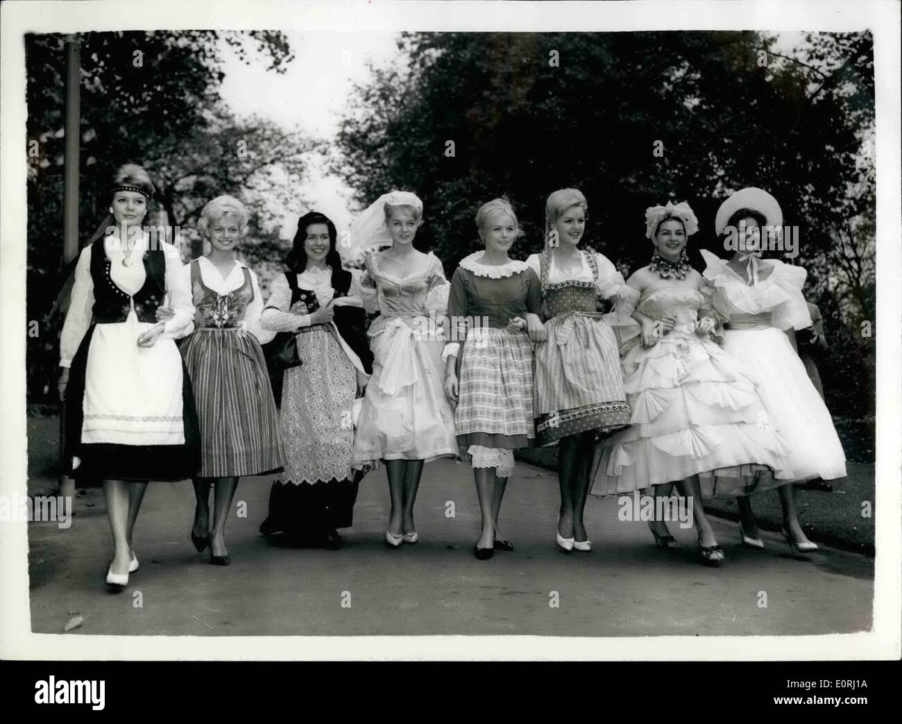 Nov. 11, 1959 - Miss world contestants visit house of commons. Contestants in next week's ''Miss World'' contest, wearing National costumes, today went to the house of commons for a conducted tour. Photo shows Miss World contestants in national costume, pictures leaving the Savoy Hotel for the horse of Commons today. They are (L to R) : Miss Finland (Margit Jaatineh); Miss Sweden (Carola Hakansson); Miss Iceland (Sigurbjorg Sveinadottir); Miss Germany (Helga Meyer); Miss Denmark (Kirsten Olsen); Miss Austria (Helga Knofel); Miss Brazil (Dione Olivaira), and Miss South Africa (Moya Meaker) Stock Photo