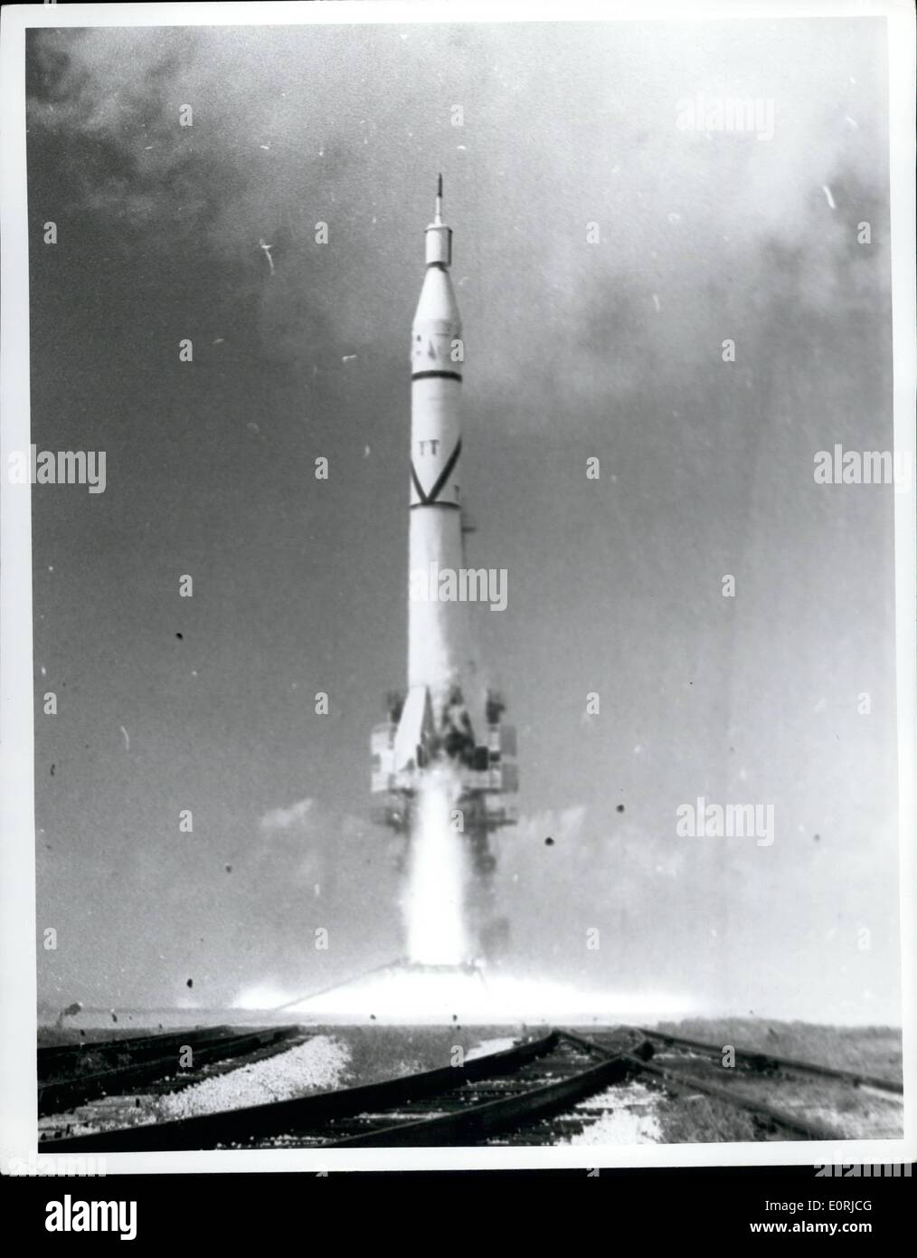 Nov. 16, 1959 - 16-11-59 First pictures of Soviet Rocket launching. Up into the outer space. The famous Laika Soviet original Ã¢â‚¬Ëœspace dog' has followers in the form of the dogs Snowdrop and Courageous (Russian Snethinka and Otvazhnaya ) and a number of nameless rats and mice. This picture taken from a new Soviet Documentary film shows the launching of the Soviet Rocket. A stream of fire and smoke bursts forth from the rocket's nozzle and a Deafening roar of the motor. Puffs of smoke hides the rockets lower part and the rocket rises slowly from the earth. Stock Photo