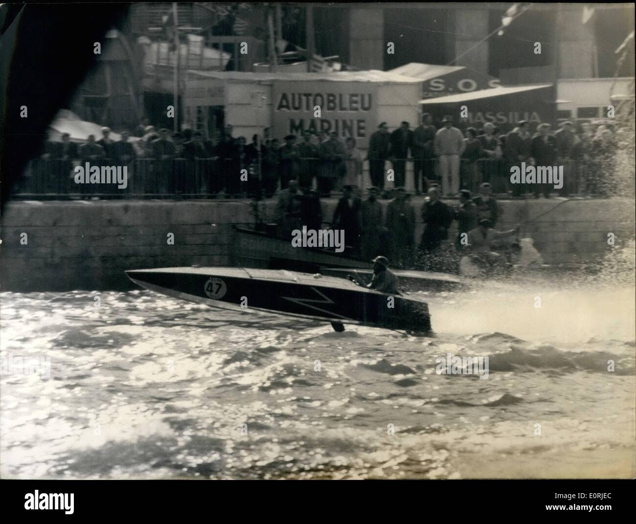 Oct. 10, 1959 - Runabouts Race on the Seine: A Runabouts Race of six hours (known as the most difficult endurance race of the kind) was held on the Seine as part of the programme of the marine show today. Photo shows An incident of the race. Stock Photo