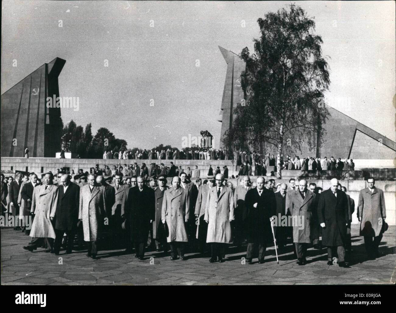 Oct. 10, 1959 - 10 years German Democratic Republic on Oct. 7th 1959: On occasion of the 10th anniversary of the foundation of the German Democratic Republic (East-Germany), party and government delegations who had come to Berlin to participate in the festivities for the anniversary honoured the Soviet soldiers who died during the war. Photo shows representatives of the East-German government and members of the foreign delegations at the Soviet memorial in Berlin. Stock Photo