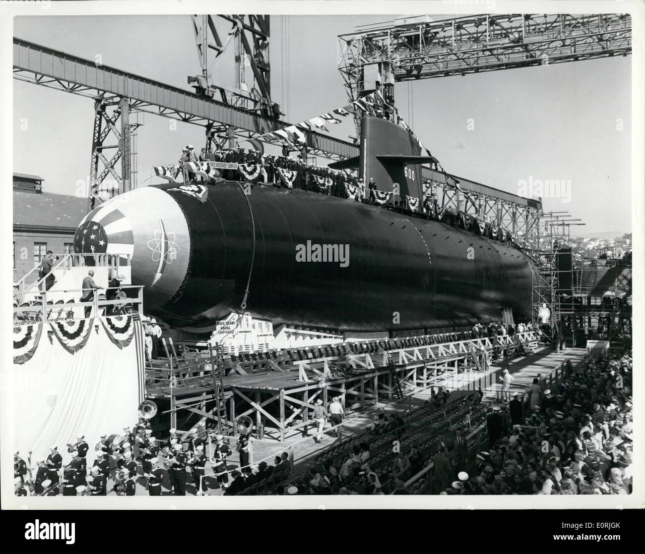Oct. 10, 1959 - U.S. Navy Launches third Polaris Submarine: The U.S. Navy's third fleet Ballistic Missile Submarine Theodore Roosevelt (SSB) (N) 600) is shown during launched ceremonies at mar island naval shipyard, Vallejo, California, October 3,1959. The Theodore Roosevelt is Designed to fire the Polaris Missile while surfaced or submerged . The Nuclear powered vessel is 380 feet long and has Submerged displacement weight of 6,7000 tons. Mrs. Alice Roosevelt Longworth of Washington, D.C. Daughter of Theodore Roosevelt, Christined the Ship named for her father. She was attended by Mrs Stock Photo