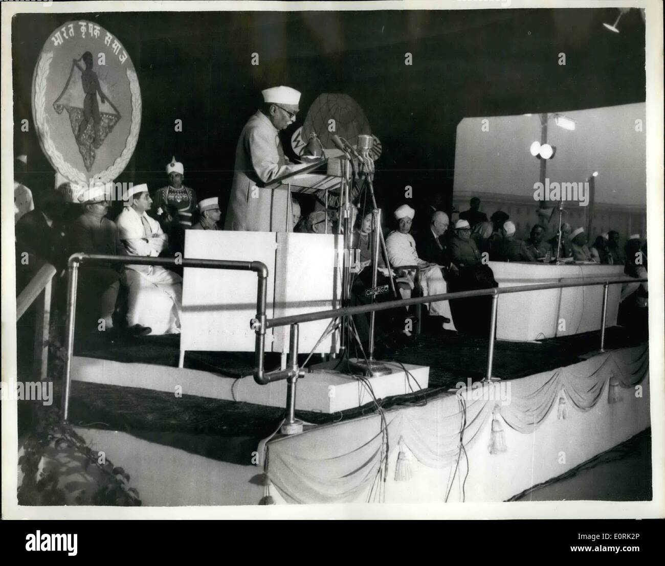 Dec. 12, 1959 - PRES. EISENHOWER ATTENDS INAUGURATION OF WORLD AGRICULTURAL FAIR'' - IN NEW DELHI. During his Goodwill Tour - PRESIDENT EISENHOWER attended the inauguration ceremony of the World Agricultural Fair in New Delhi - by the Pres. of India. KEYSTONE PHOTO SHOWS:- DR. RAJENDRA PRASAD the Pres. of India makes his speech - at the ceremony Pres. Eisenhower and other are on right Stock Photo