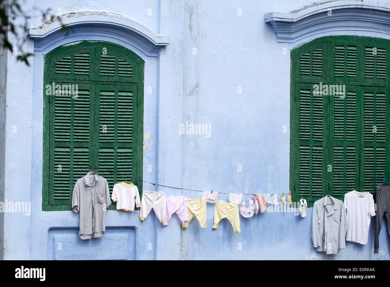 Clothes hanging out to dry on washing line in Hoi An Stock Photo