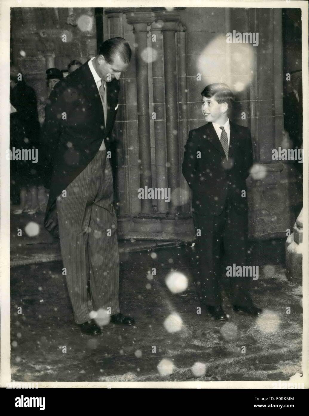Jan. 01, 1960 - Wedding of Lady Pamela Mountbatten - At Romsey Duke of Edinburgh And Prince Charles: Princes Anne was a brides maid this afternoon for the first time -at the wedding of Lady Pamela Mountbatten to Mr. David Hicks - at Romsey Abbey, Hants. Phot Shows The Duke of Edinburgh and his son Prince Charles - who wears long trousers for the first time - leaving Romsey Abbey after the wedding this afternoon. Stock Photo