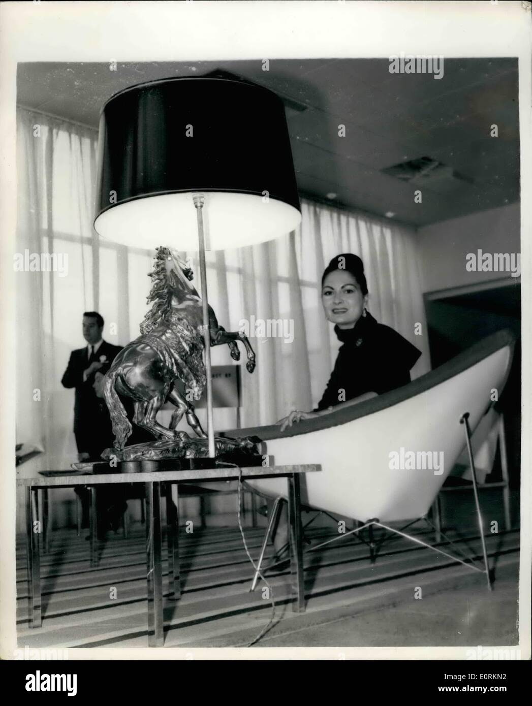 Jan. 01, 1960 - New skyway Hotel - ready for opening. A press view was held today of Skyway Hotel, London Airport - to be opened tomorrow. It has 160 bedrooms on four floors - each bedroom having separate bathroom. Decoration is in matt white - turquoise blue or gold. Every bedroom has Tv set. Kitchen is constructed on American lines. It cost &pound;3/4 million to build - owned by Seaway Hotels of Toronto, Canada.. The Hotel is to eliminate air travelers going up to London - when here for short periods - aircraft hold-up etc.. Photo shows:- Mrs Stock Photo