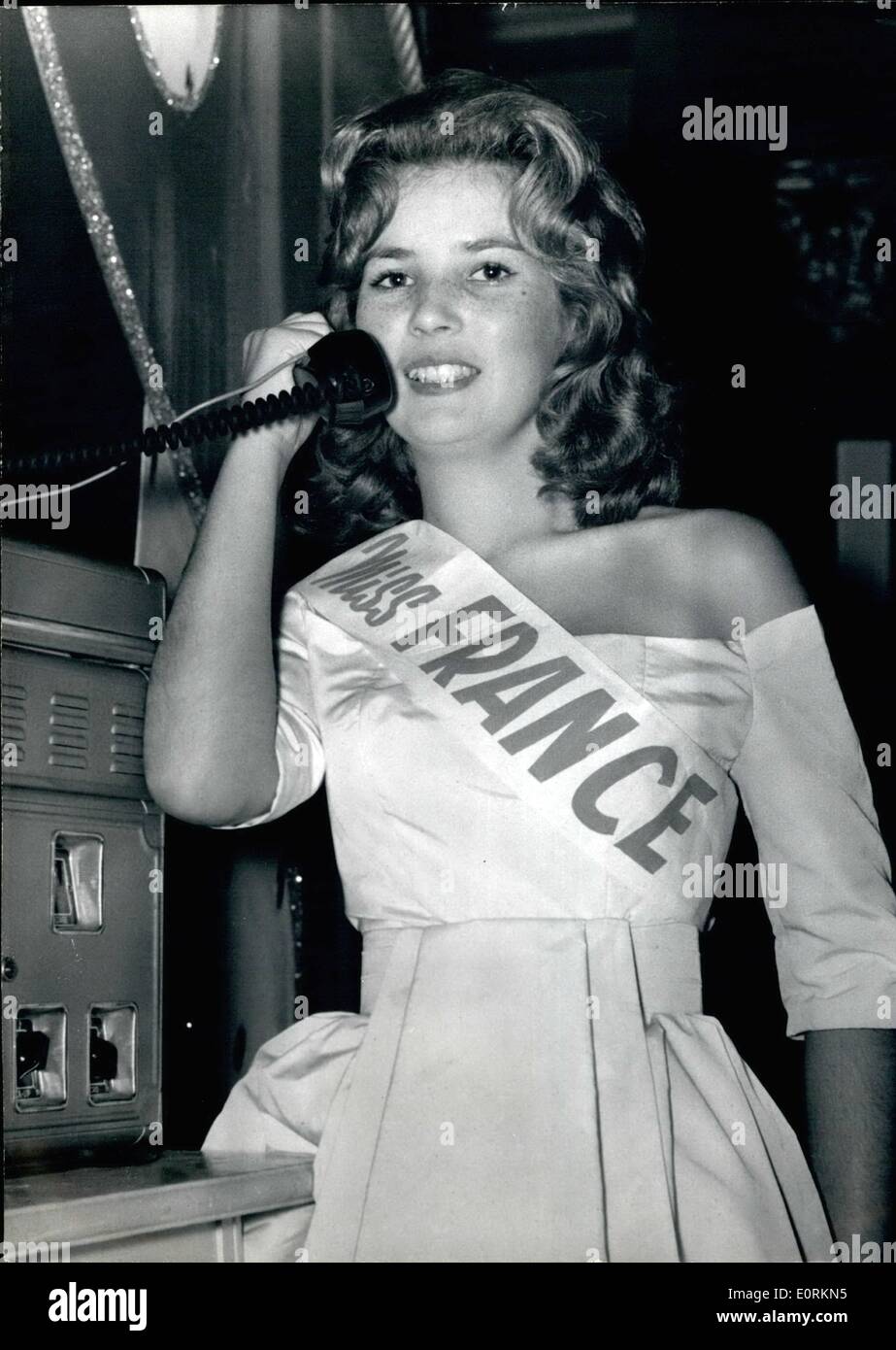 Jan. 01, 1960 - Meet Miss France 1960: Miss France 1960 was elected at Aix-Les- ains Yesterday . She is Seventeen- year-Old Brigitte Barazer, a student (taking Commercial Courses in Paris). Brigitte Barazer calling her Mother to announce her the Good News. Stock Photo