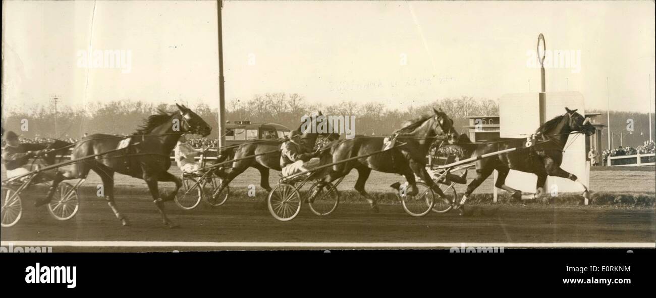 Jan. 01, 1960 - Hairos Wins Prix D' Amerique: Photo shows The finish of the Prix D' Amerique, the biggest Paris trotting event of the year. Hairos first, followed by Torese and Jamin. Stock Photo