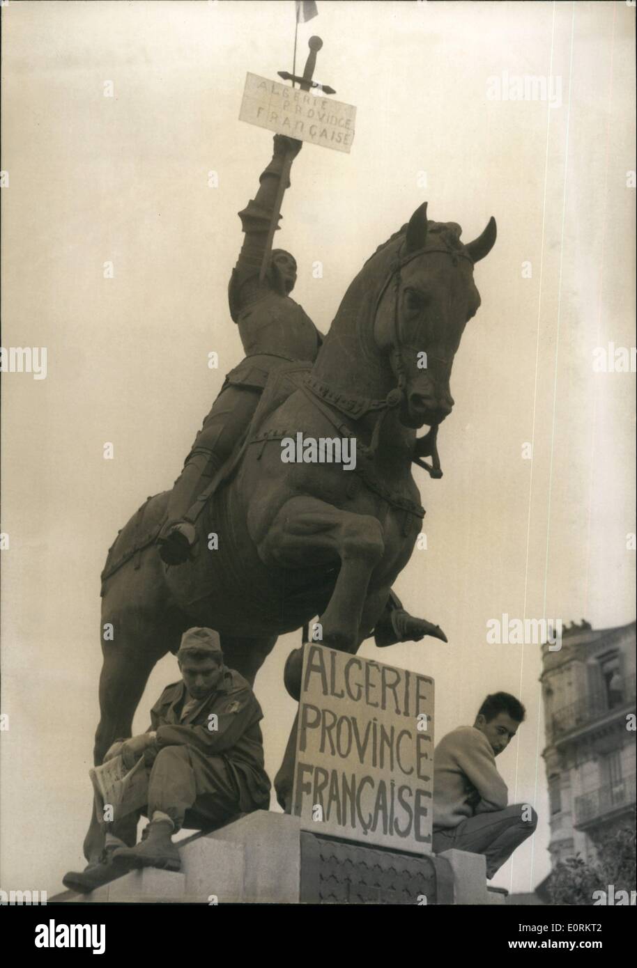 Jan. 01, 1960 - Revolt In Algiers: Photo shows. A banner with the inscription ''Algeria must be French'' on the statue of Joan of Ark. Stock Photo